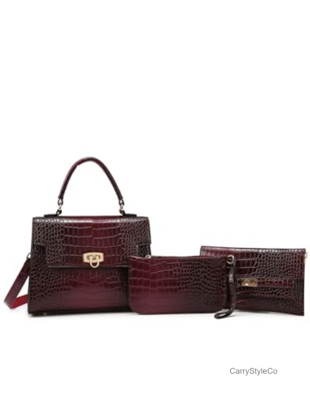 3Pc PU Leather Crocodile Satchel Set Top Handle Crossbody Adjustable Strap